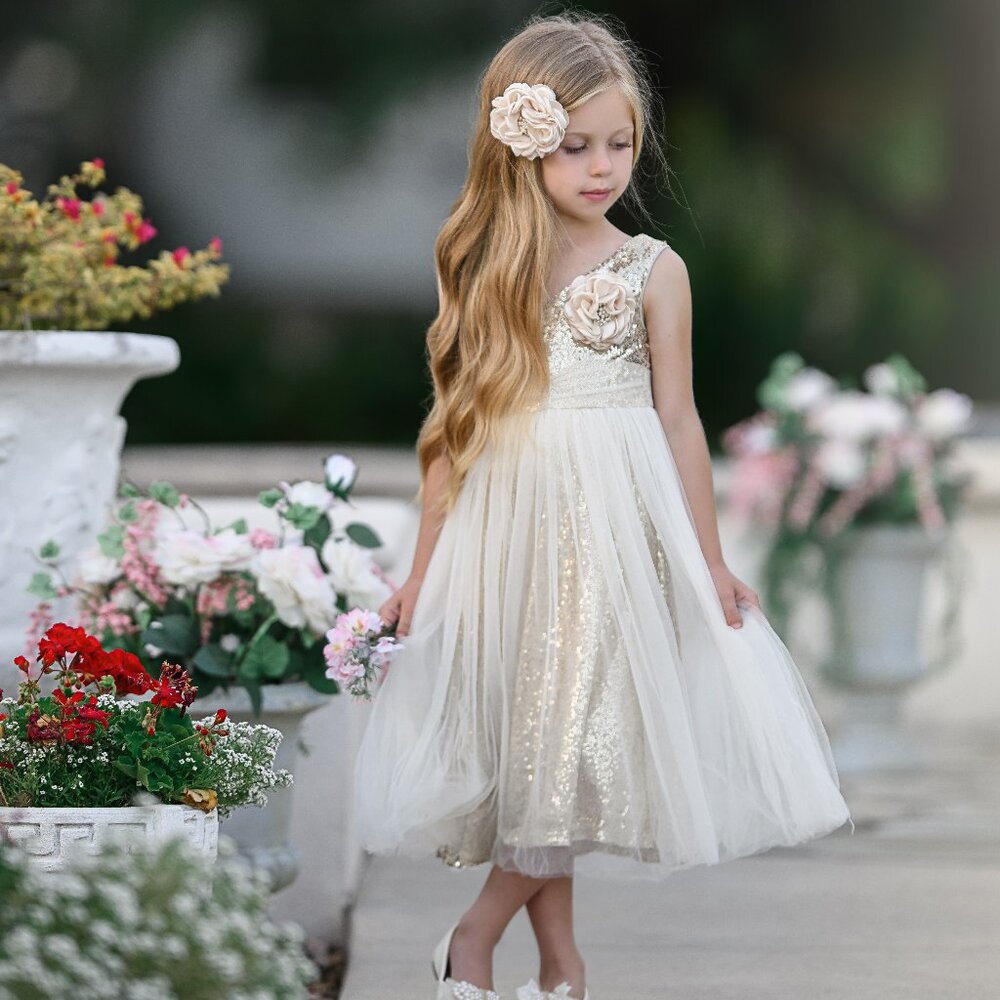 Gold sequin flower girl dress, Baby Toddler Formal Dress, Girls Tulle Dress #05